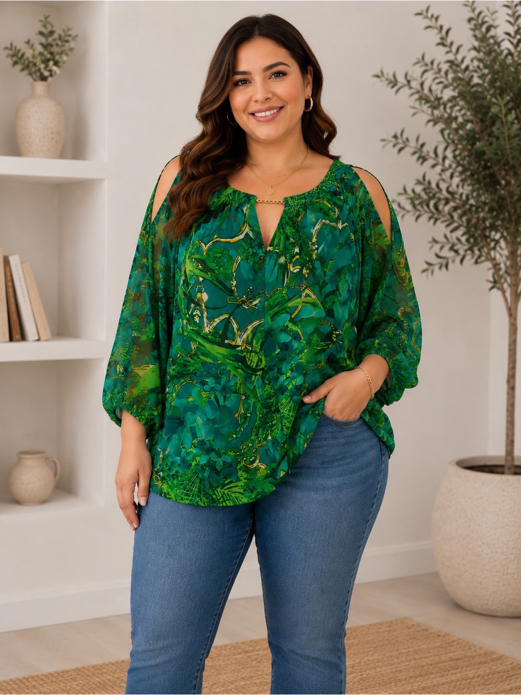 Brand Jennifer Lopez Green Printed ColdShoulder Chiffon Blouse